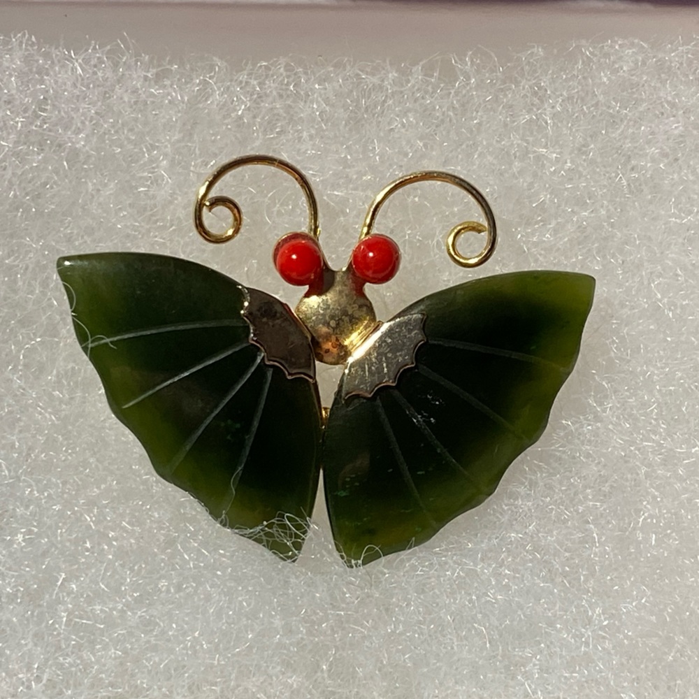 Vintage Jade & Coral Butterfly Brooch